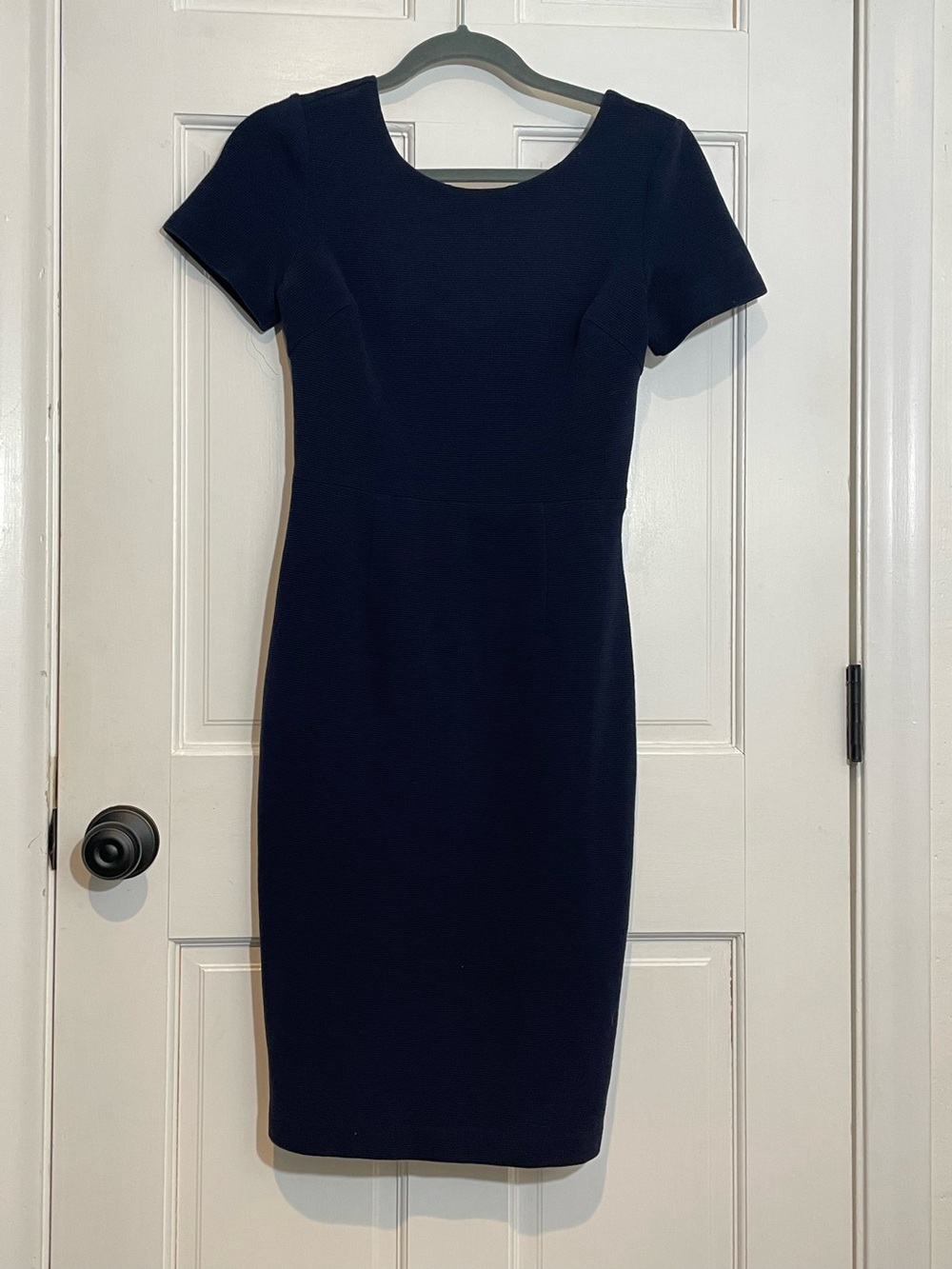 Boden Navy Textured Sheath Dress US 6P Scoop Neck Short Sleeve Lined Classic